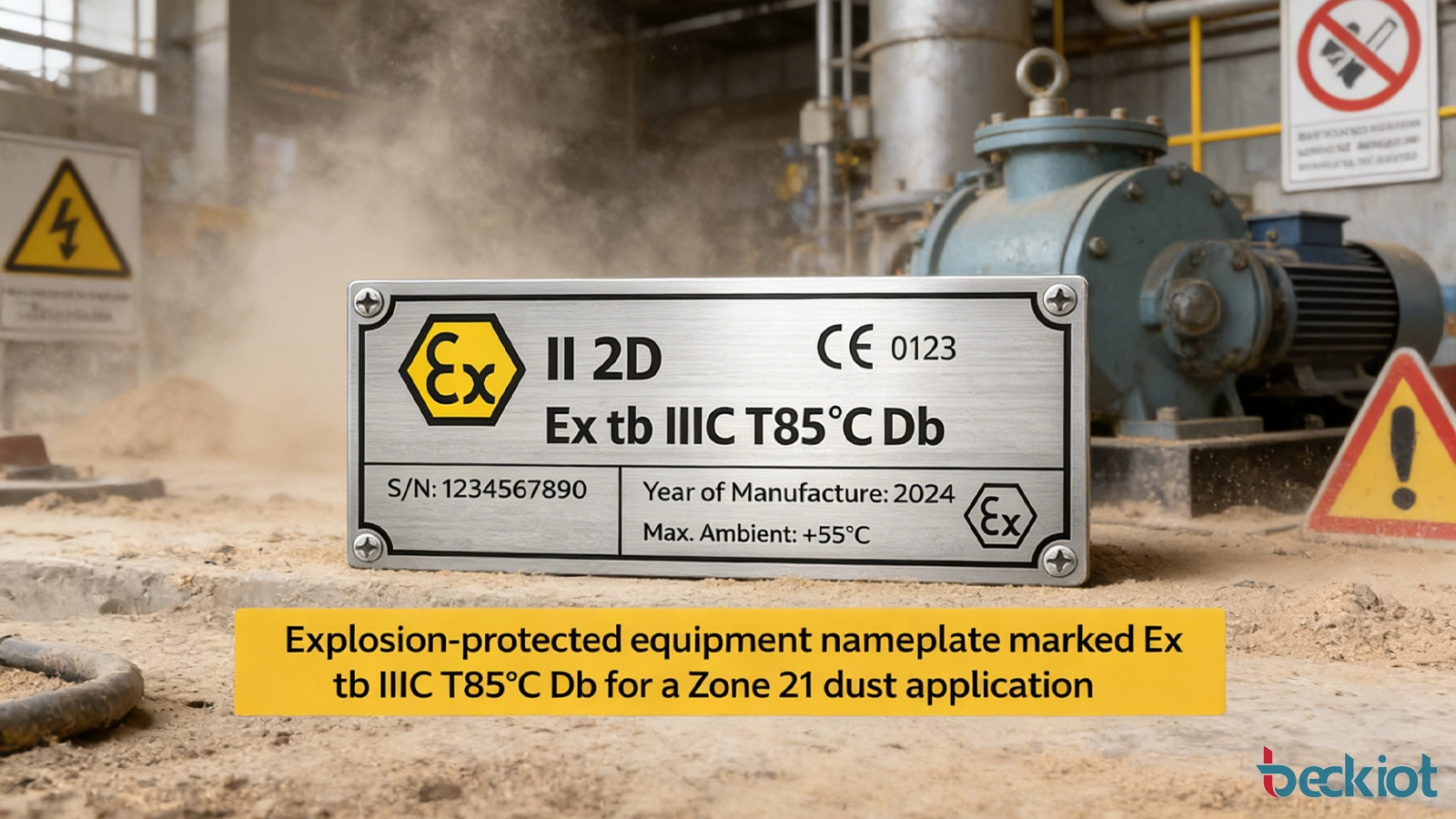 Illustration of an explosion-protected equipment nameplate marked Ex tb IIIC T85°C Db for a Zone 21 dust application.