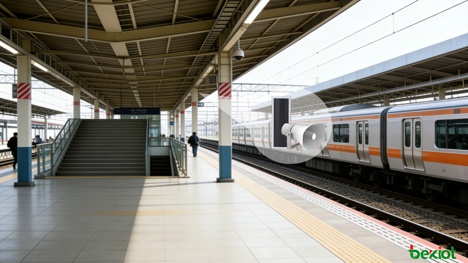 Station platform and concourse emergency guidance with zoned speakers, evacuation broadcast coverage, passenger help points, and coordinated control room communication