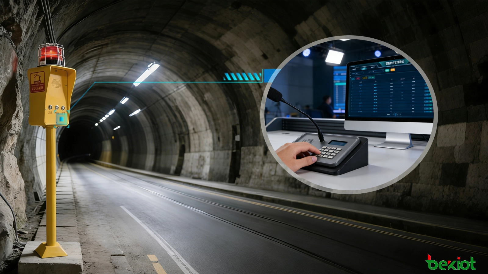 Emergency SOS help point and two-way intercom terminal installed in a tunnel refuge area with control center communication linkage