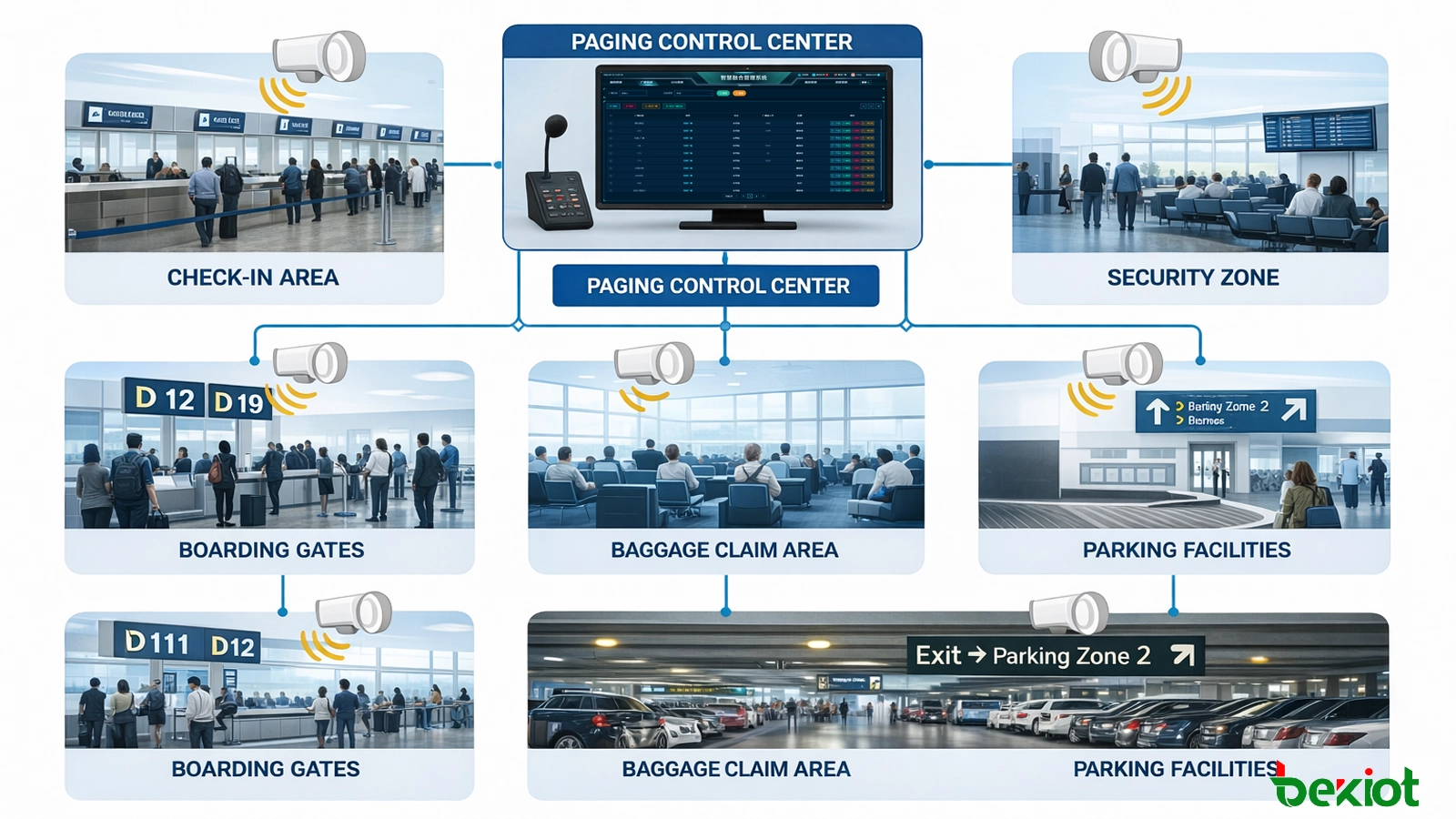Transport hub zoned paging across check-in area, security zone, departure lounge, boarding gates, baggage claim area, and parking facilities
