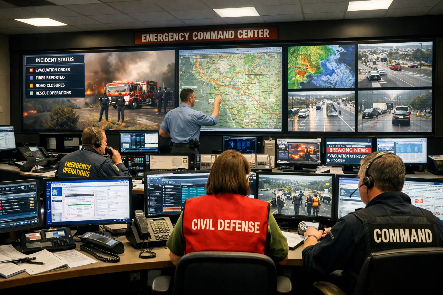 Government emergency command center with dispatch consoles, communication screens, and coordinated civil defense operations