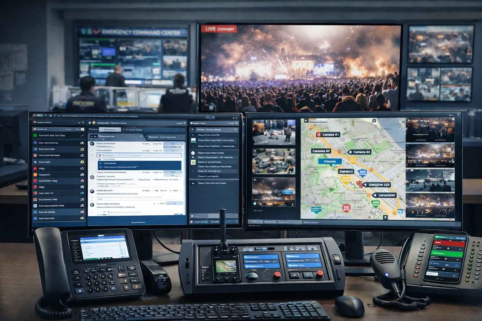 Integrated emergency communication platform for a major event command center with dispatch console, phones, radio integration, and video coordination