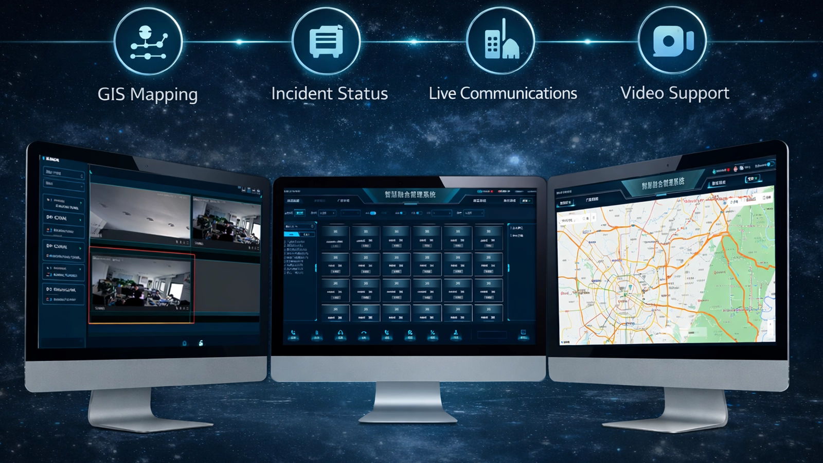 Fire and rescue control room using Becke Telcom software with GIS mapping, incident status, live communications, and video support