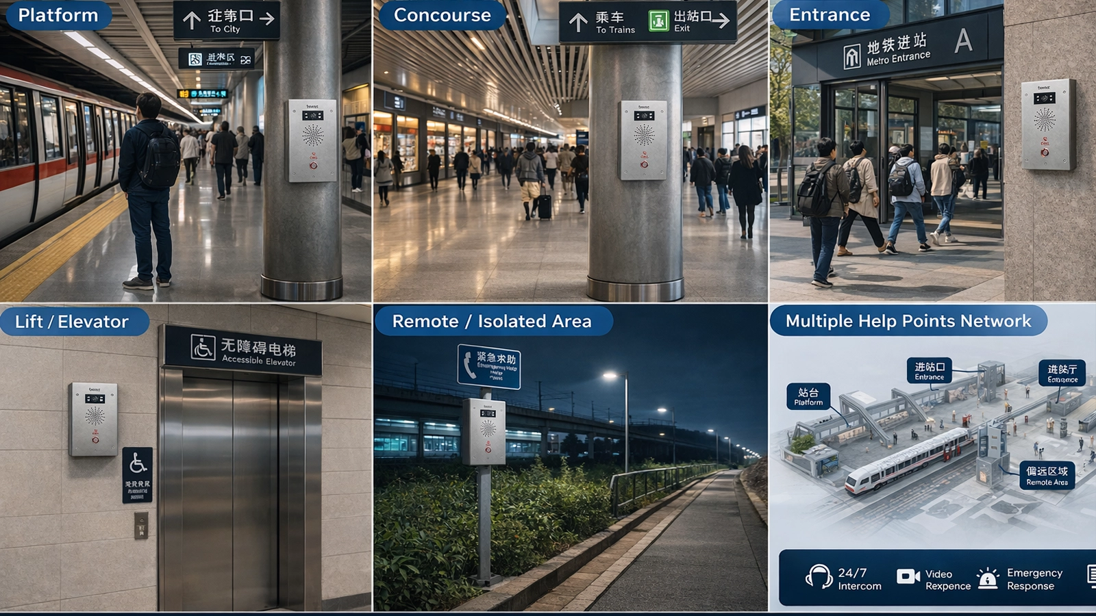 Passenger help point deployment across rail and metro platforms, concourses, entrances, lifts, and remote station areas