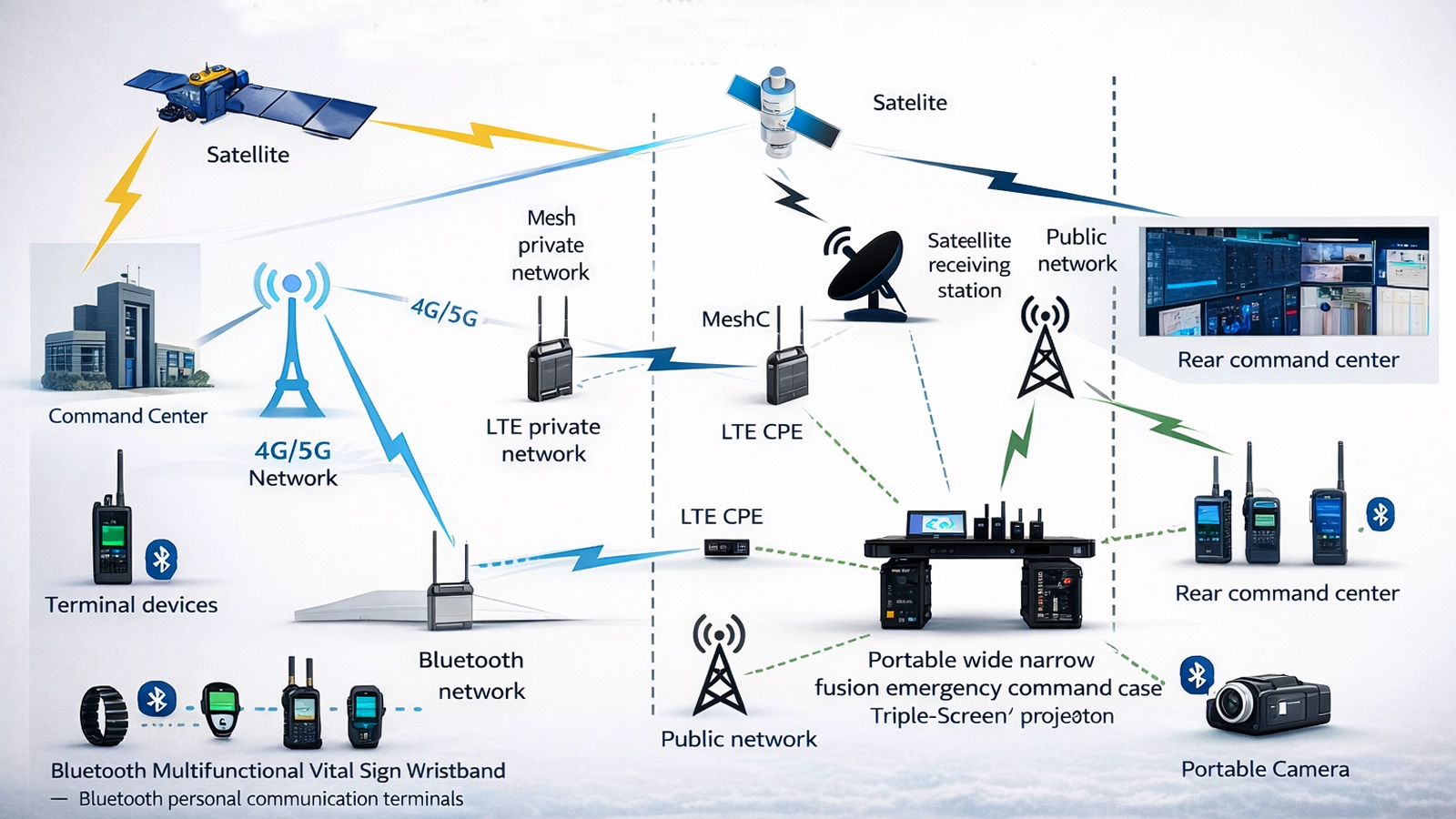 Hybrid emergency communication topology combining radio, cellular, satellite, and command center systems