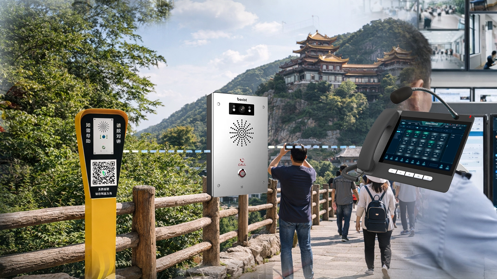 Emergency intercom and help point architecture for visitor attractions with outdoor help points, SIP intercom, telephones, paging, CCTV, and centralized control