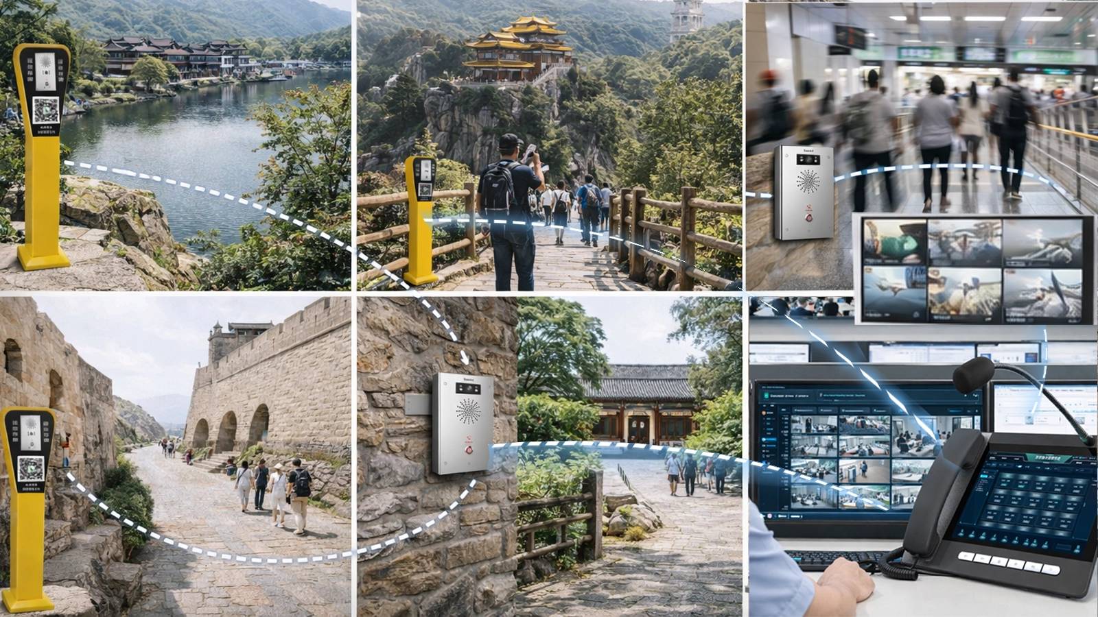 Help point and emergency intercom deployment across entrances, scenic pathways, transport stations, and public visitor zones