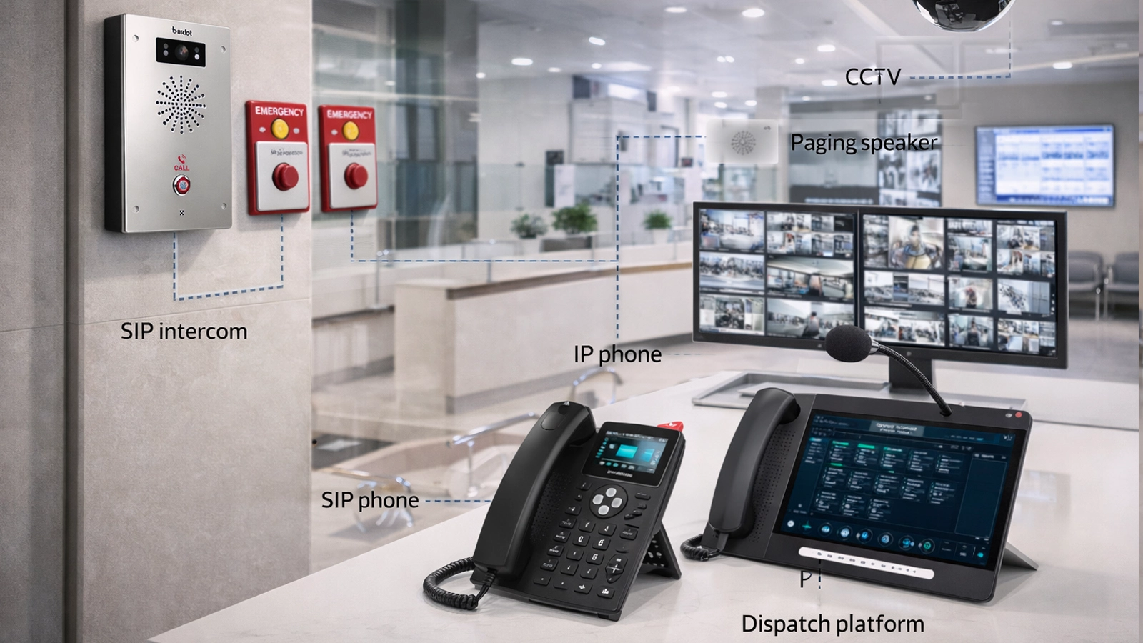 Panic button and duress alarm system architecture with emergency buttons, SIP intercom, IP phones, CCTV, paging, and dispatch platform integration