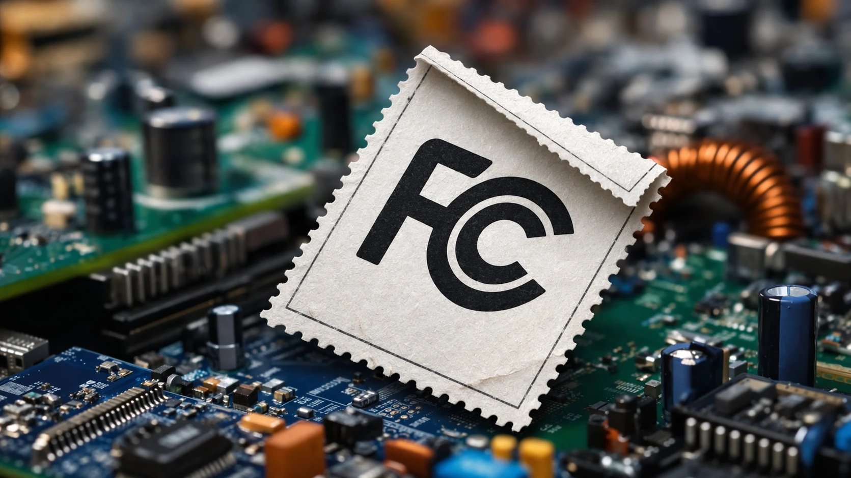 Flow diagram showing FCC device approval path from rule-part identification to testing, filing, labeling, and market entry