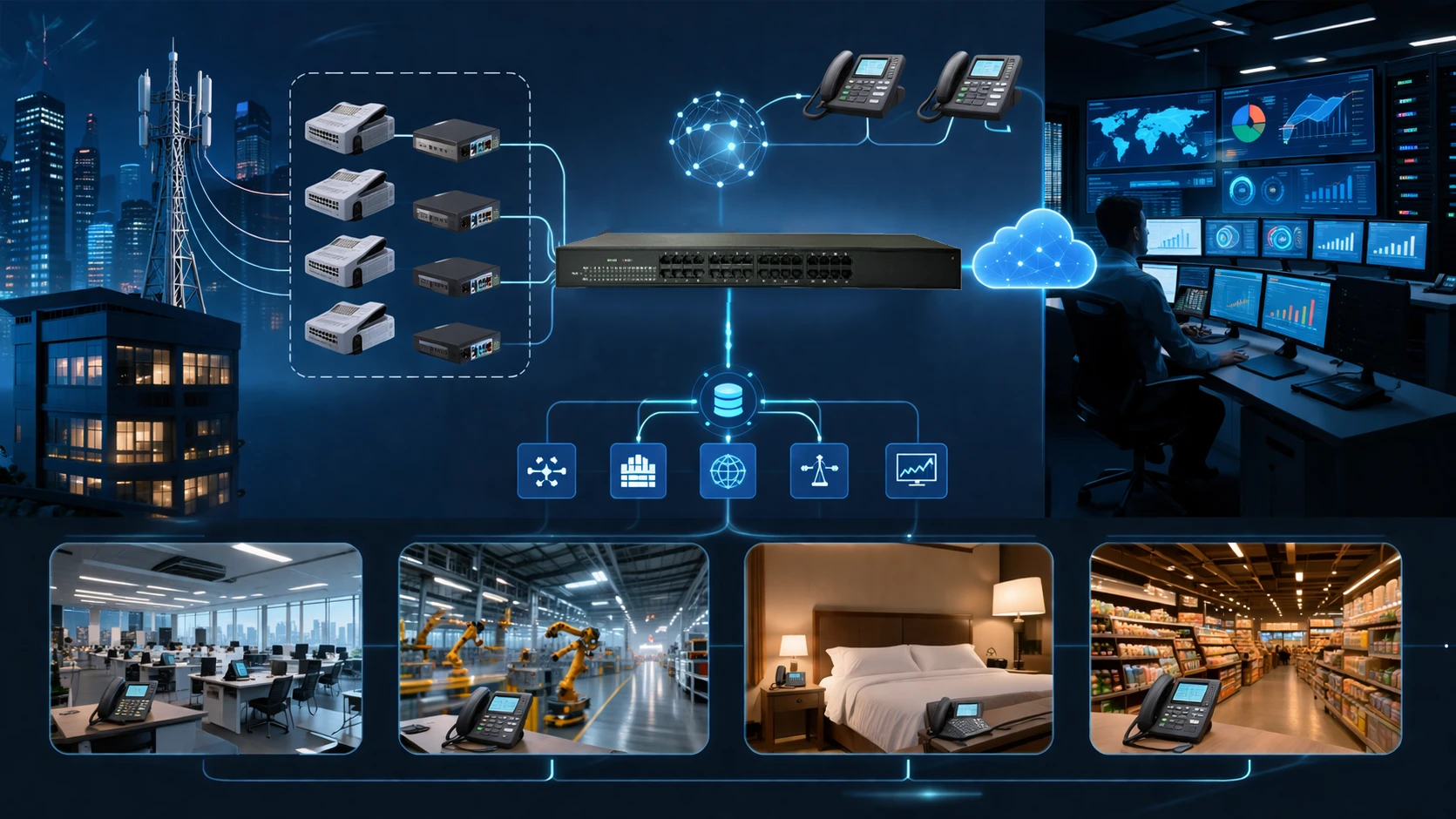 Rack-mounted FXO gateway with multiple analog ports, Ethernet connectivity, and a management dashboard for hybrid voice deployment
