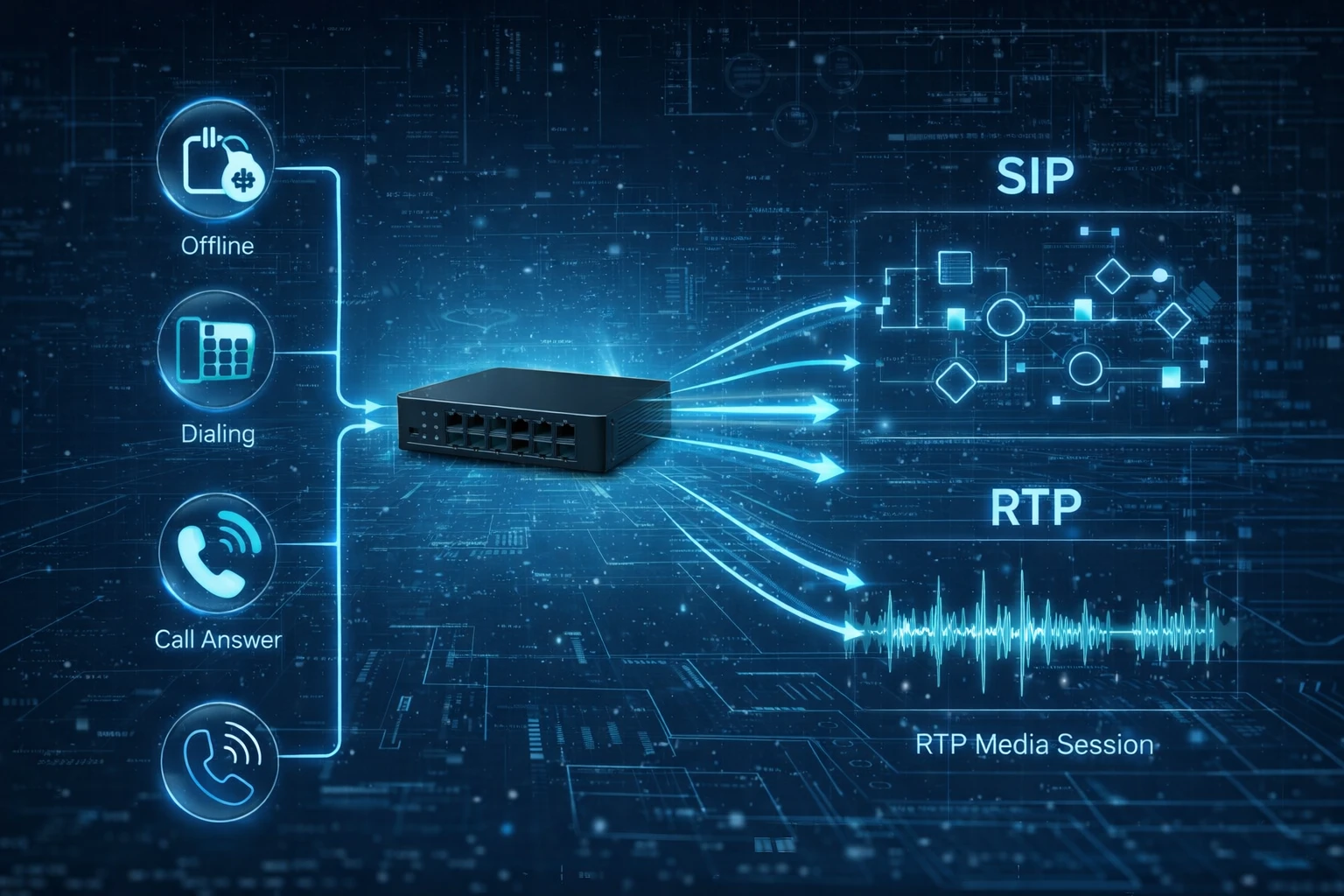 Call flow diagram showing an analog desk phone connected to an FXS gateway that registers to an IP PBX and SIP network