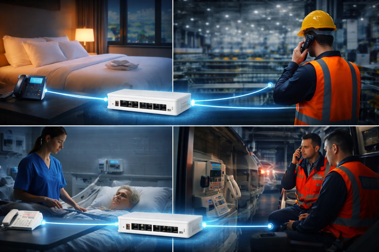 Analog emergency phone, fax machine, hotel room phone, and industrial handset connected through an FXS gateway to a SIP communication platform