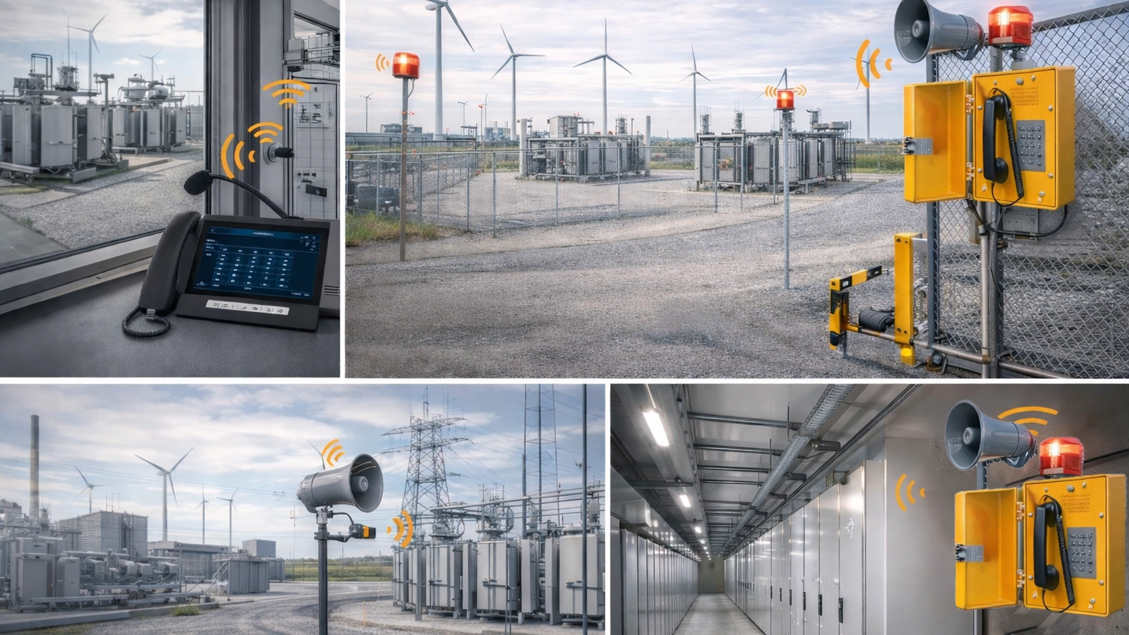 Wind farm substation PAGA overview showing control building paging, transformer yard loudspeakers, GIS room broadcast coverage, and emergency communication across key electrical areas
