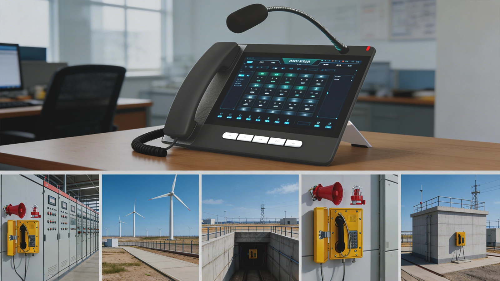 Zoned paging across wind farm transformer yard, GIS room, relay protection room, cable basement, and control building with coordinated operator management