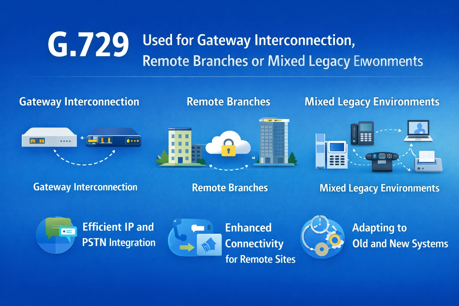 G.729 codec used in SIP gateways, IP PBX systems, session border controllers, and remote office voice applications across enterprise communication networks G.729 codec used in SIP gateways, IP PBX systems, session border controllers, and remote office voice applications across enterprise communication networks
