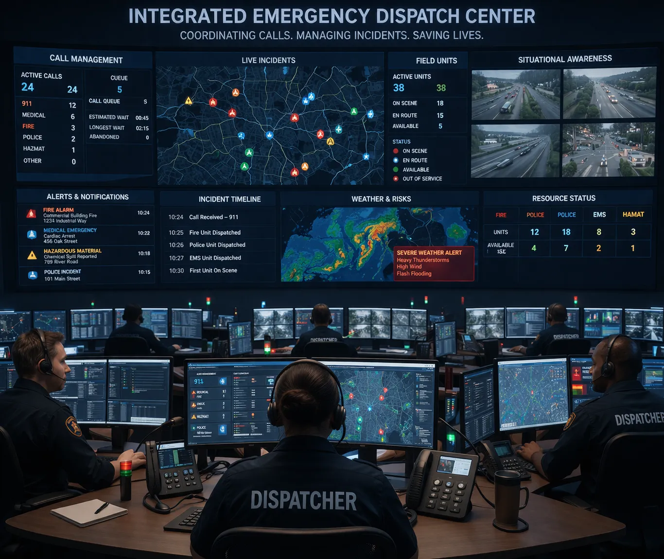 Integrated emergency dispatch center coordinating calls, alarms, and field response across multiple teams