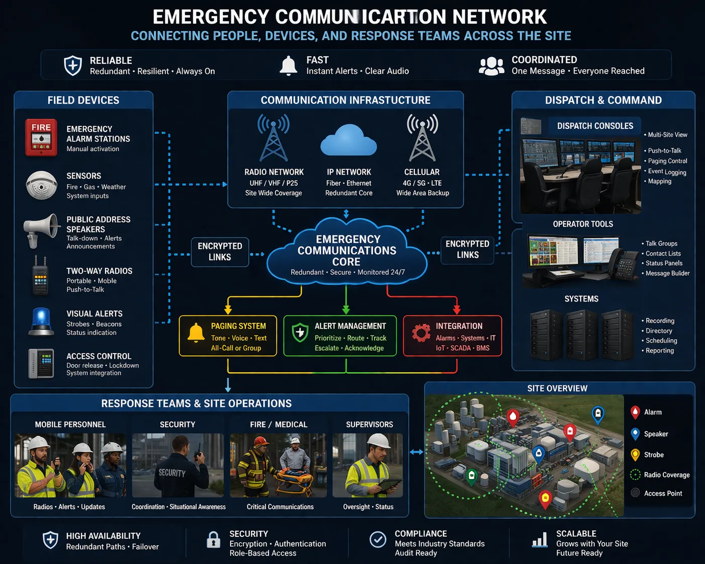 Emergency communication network linking field devices, paging, dispatch consoles, and response teams across a large site