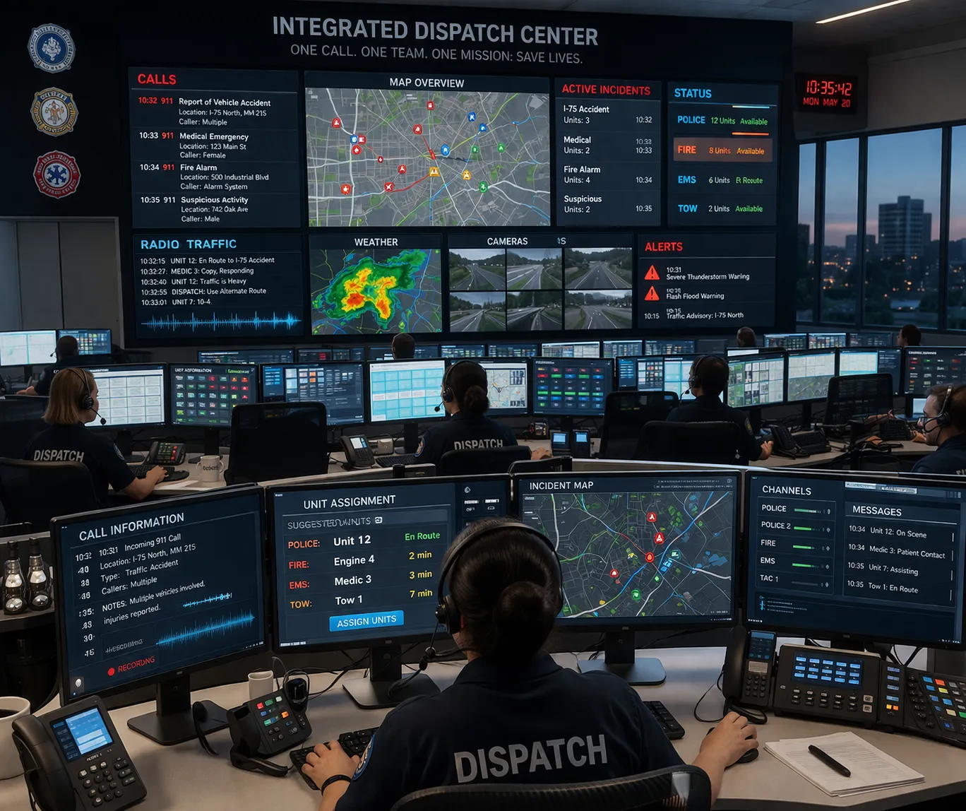 Integrated emergency communication network linking help points, dispatch operators, radios, and response teams across a large site