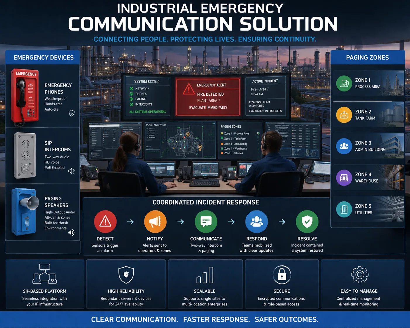 Integrated emergency communication network linking dispatch consoles, emergency phones, radio systems, paging zones, and field response teams