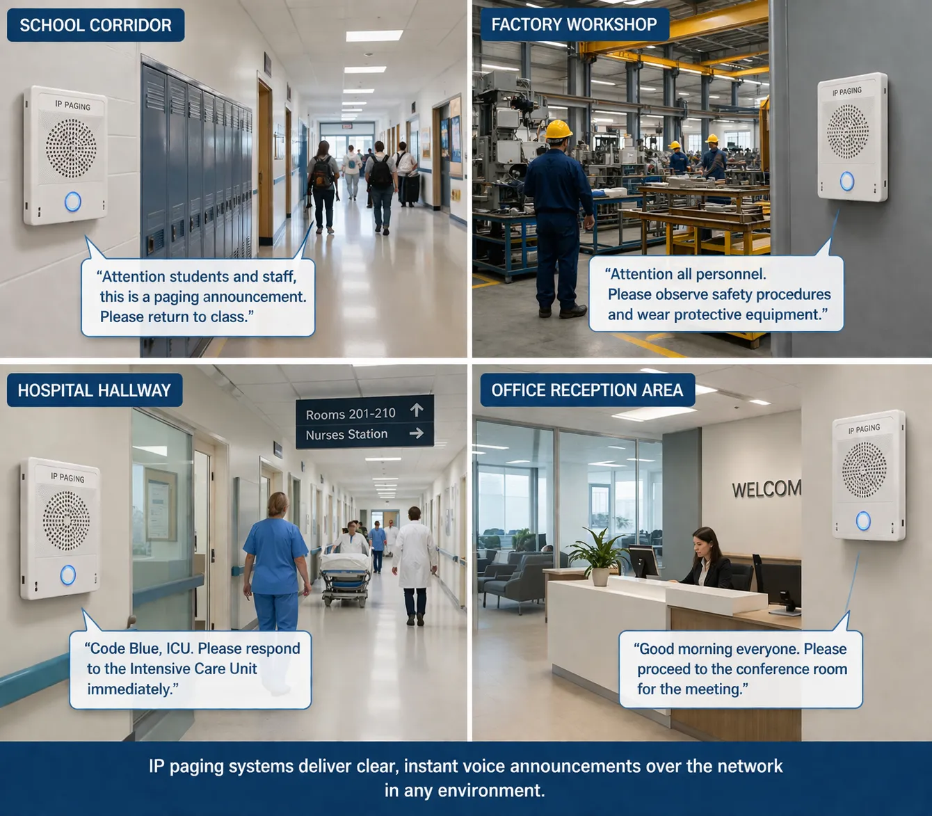 Examples of IP paging used in a school corridor, factory workshop, hospital hallway, and office reception area