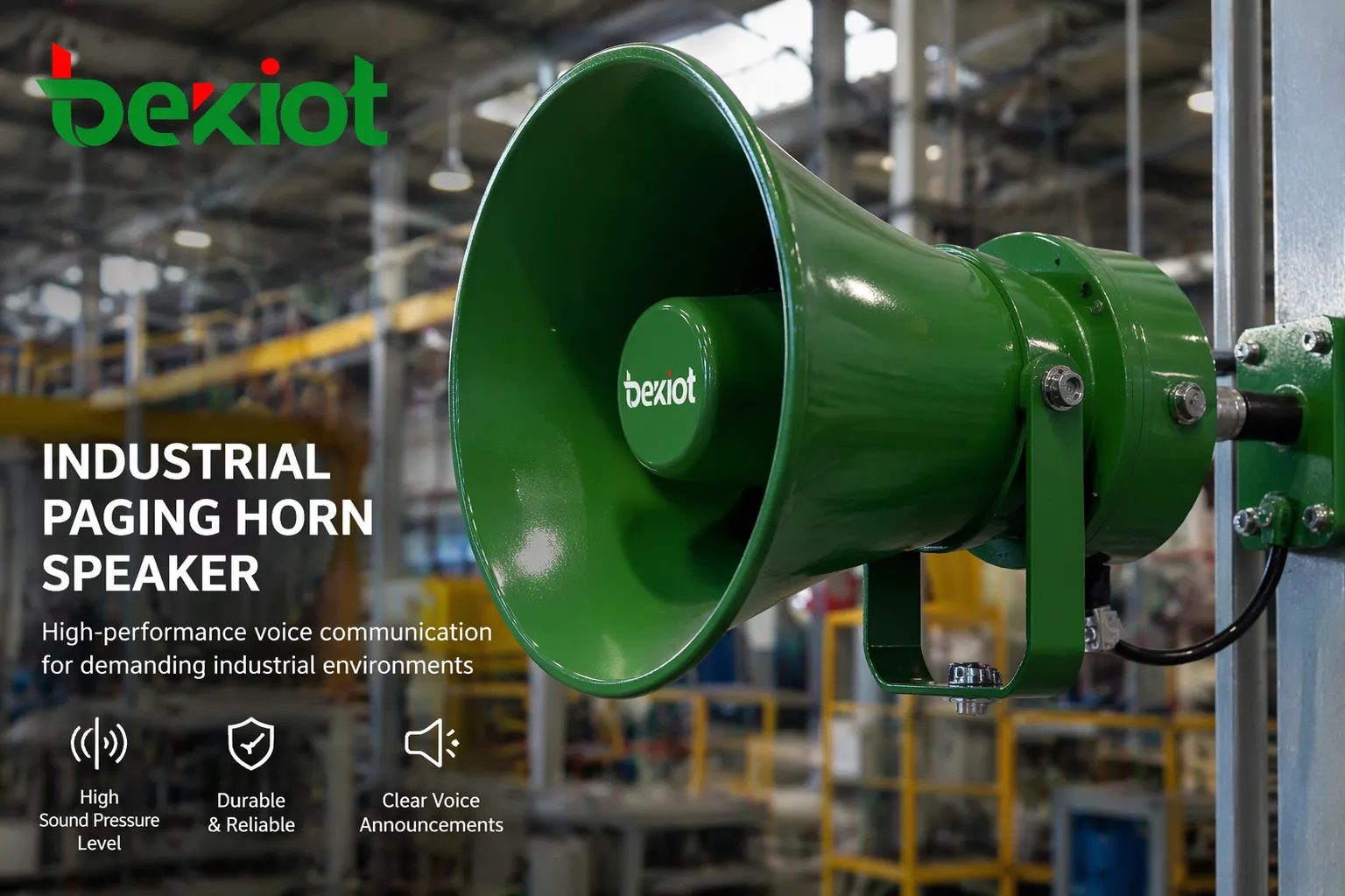 Industrial paging horn speaker used in a factory or warehouse high-noise environment for voice announcements and alerts
