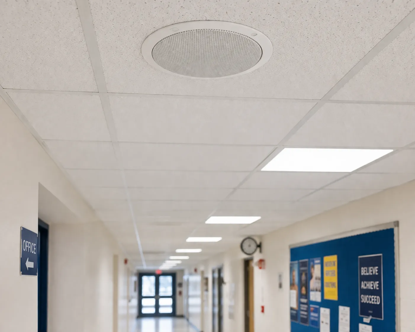 Ceiling paging speaker installed in a school or office corridor for clear indoor voice announcements