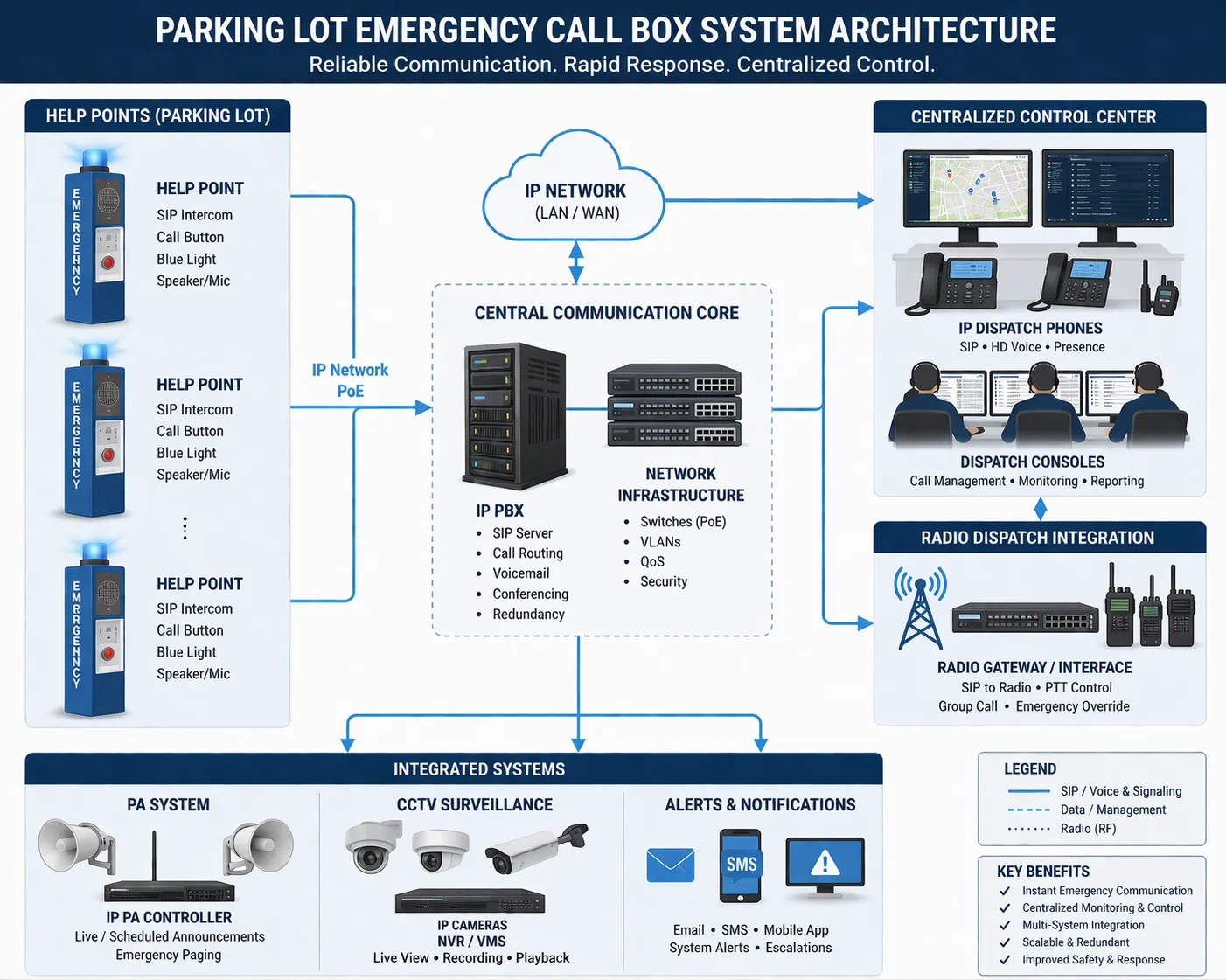Parking lot emergency call box system architecture with help points, SIP intercom, IP PBX phones, radio dispatch, PA system, CCTV, and centralized control