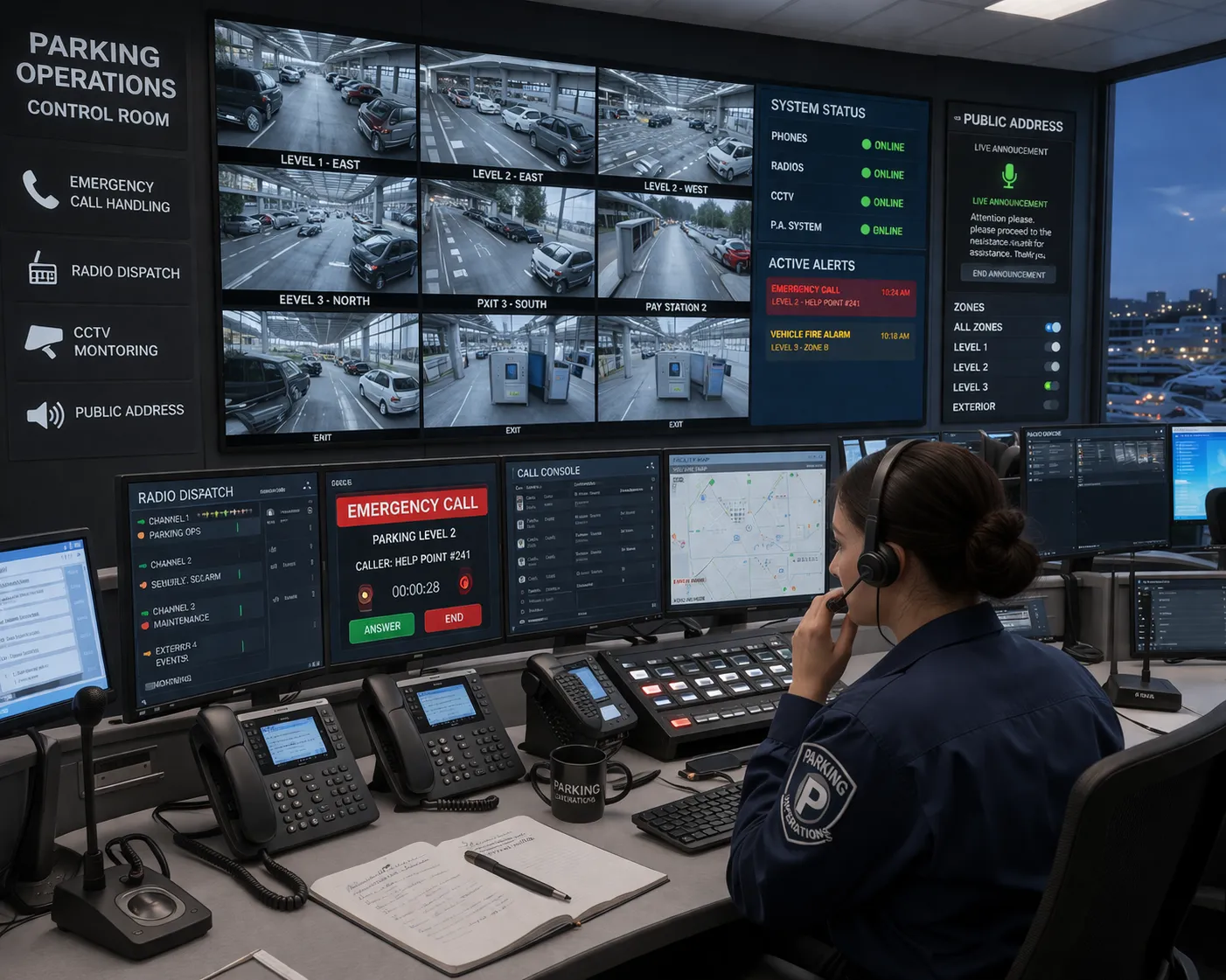 Parking lot control room with emergency call handling, IP PBX phones, radio dispatch, CCTV, and public address integration