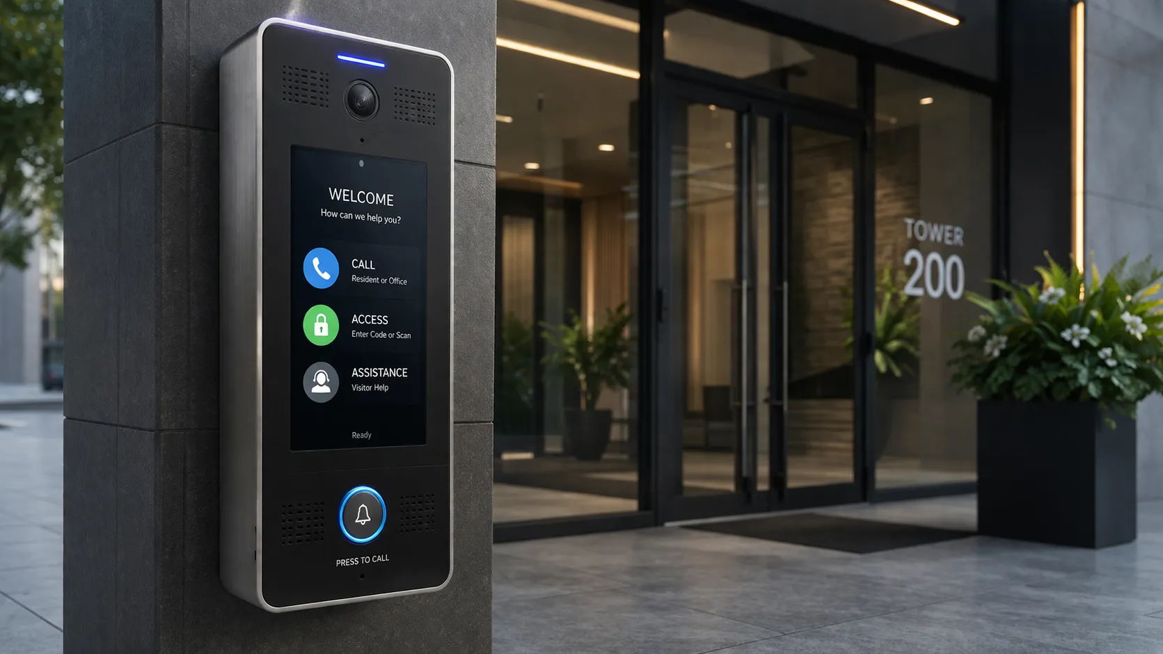 Modern call box installed at a building entrance with audio communication, access control, and visitor assistance functions