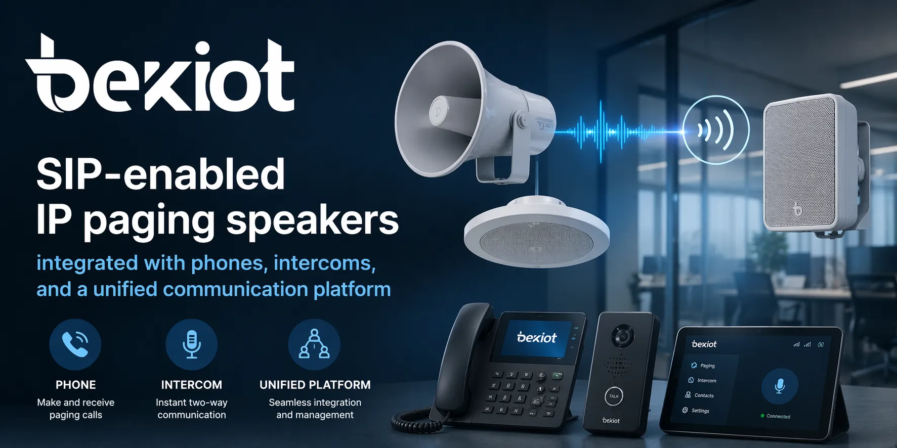 SIP-enabled IP paging speakers integrated with phones, intercoms, and a unified communication platform