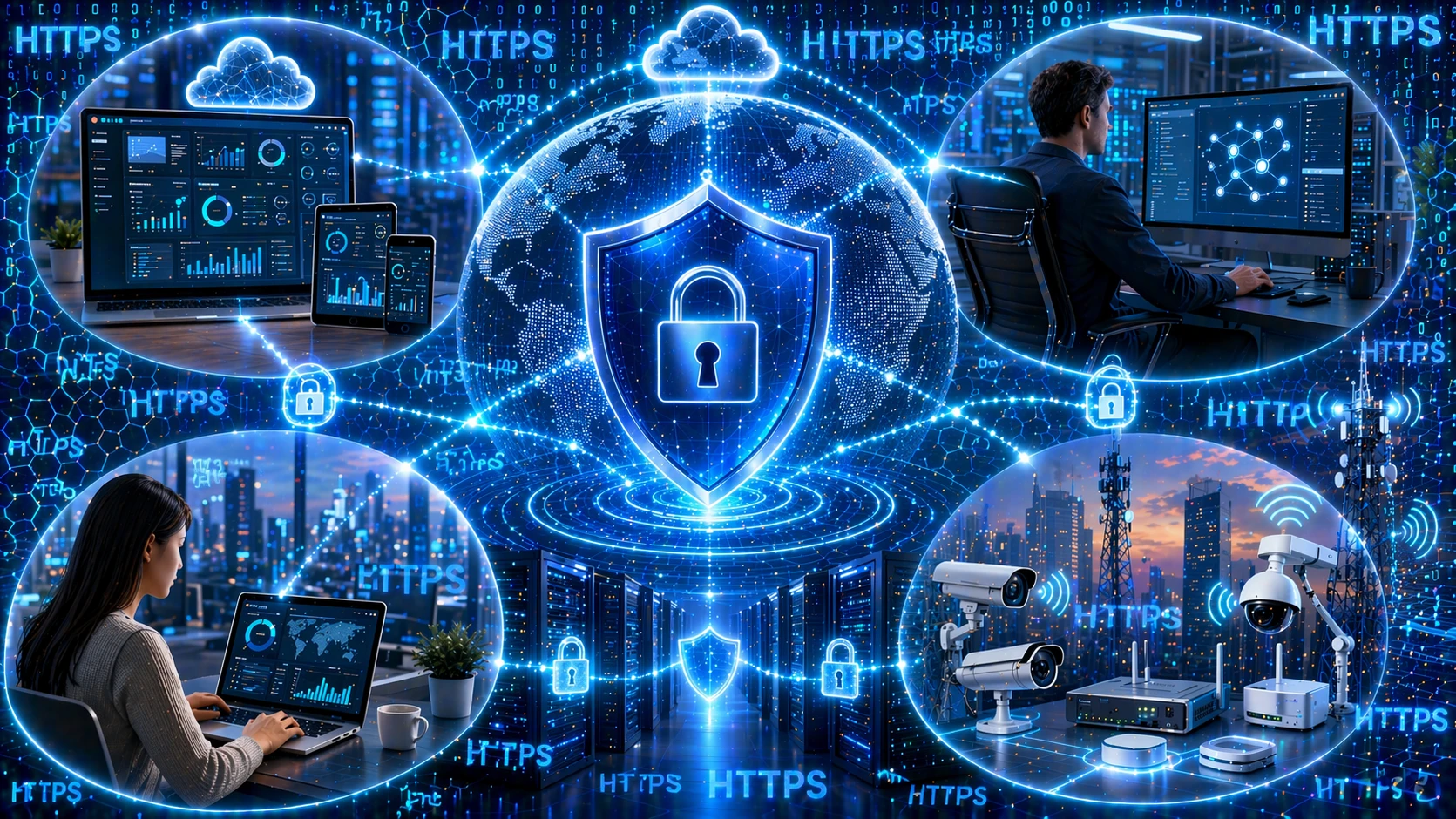 Engineers using HTTPS to securely manage network equipment, industrial gateways, and cloud-connected devices through a web interface Engineers using HTTPS to securely manage network equipment, industrial gateways, and cloud-connected devices through a web interface