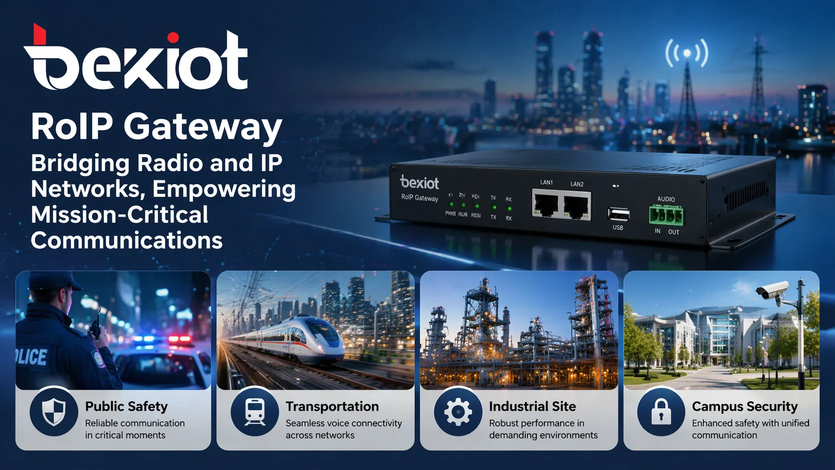 Public safety, transportation, industrial site, and campus security applications of a RoIP gateway