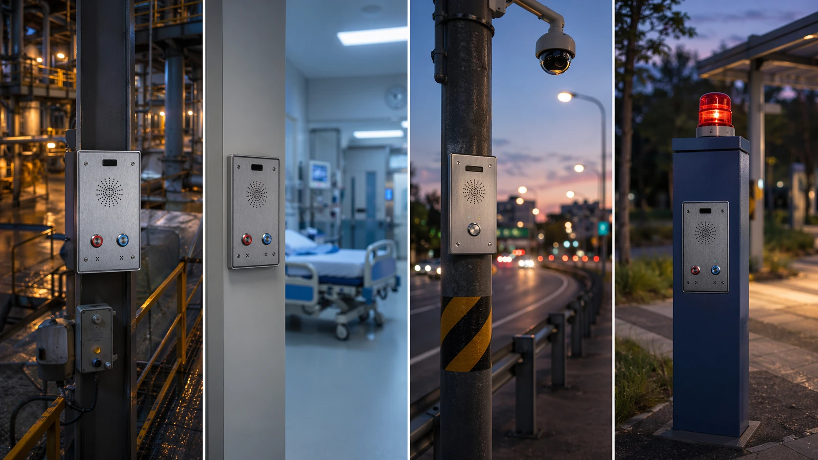IP intercom terminal deployed at a factory gate, hospital entrance, transport platform, and emergency roadside help point