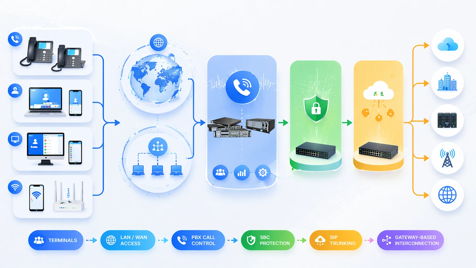 IP PBX call flow showing signaling control and voice media transmission across the enterprise IP network