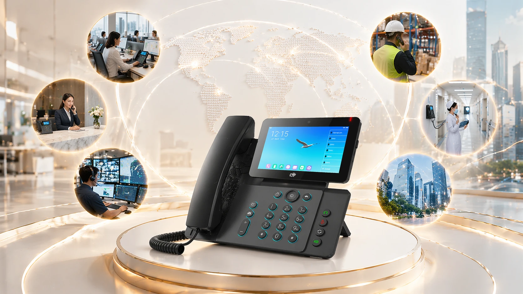Business and industrial applications of IP phones in office, reception, control room, and factory communication scenarios