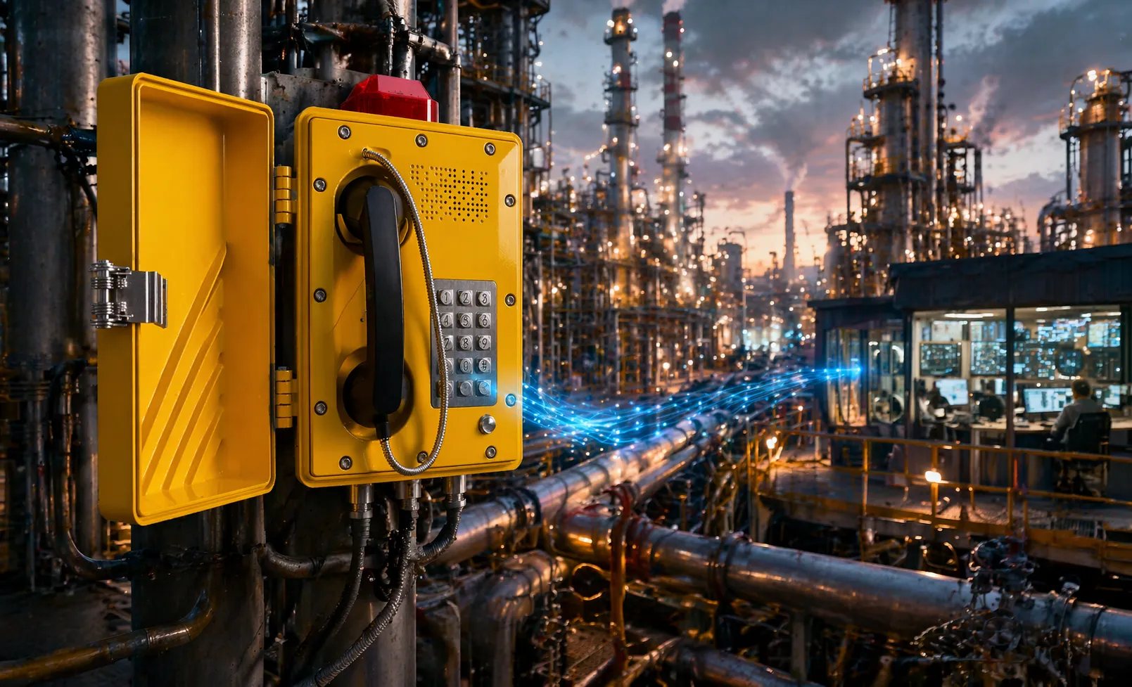 Explosion-proof SIP phone applications across refinery process areas, offshore platforms, tank farms, mining sites, and industrial emergency communication points