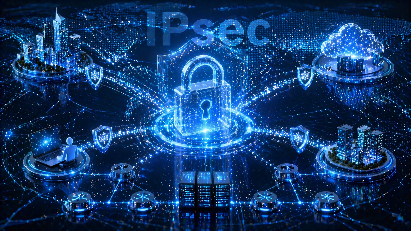 Typical IPsec applications including site-to-site VPN, remote user access, data center interconnection, cloud connectivity, and secure industrial network links