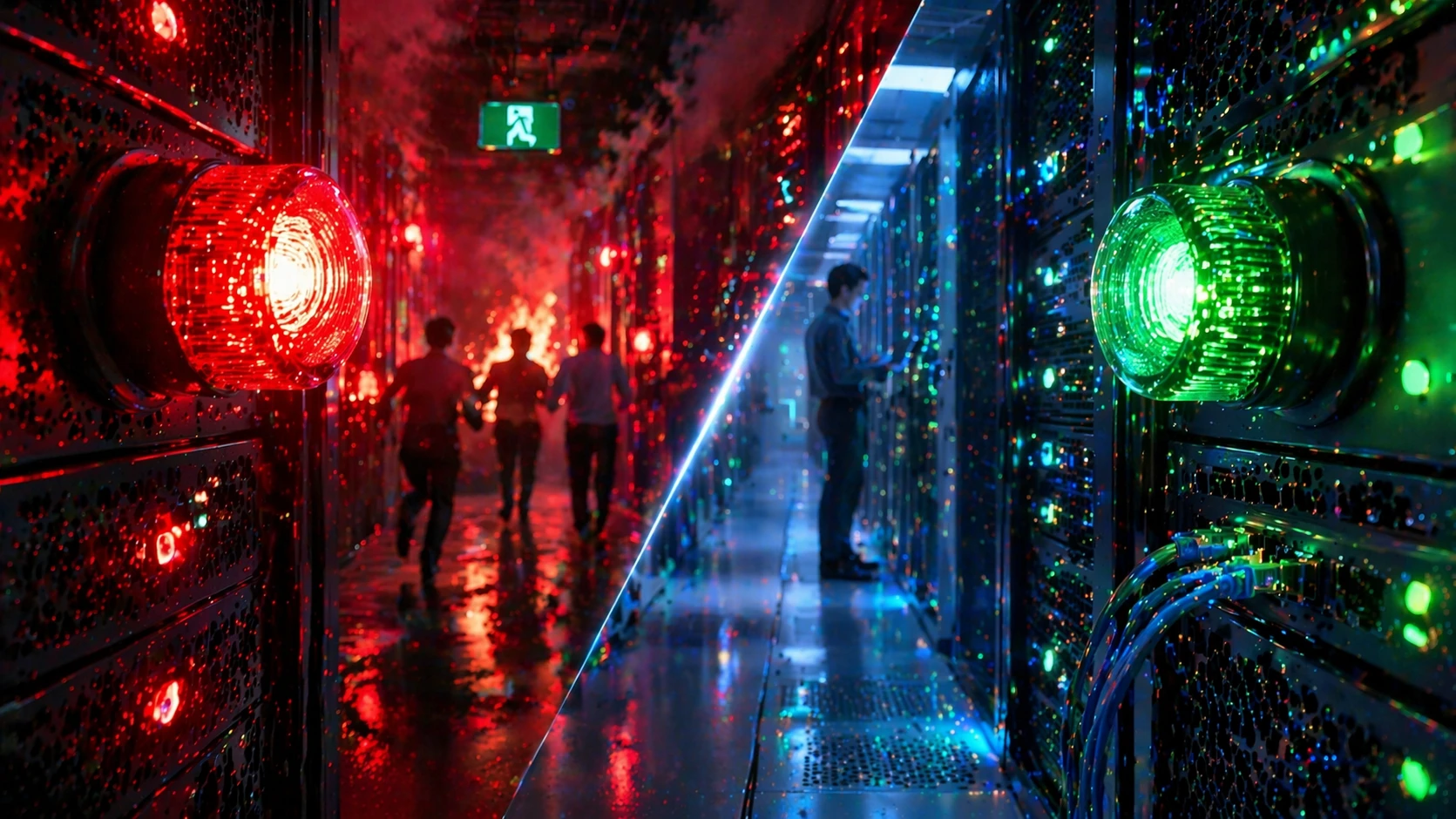 Network equipment LEDs using different colors and blinking patterns to show link activity and alarm state