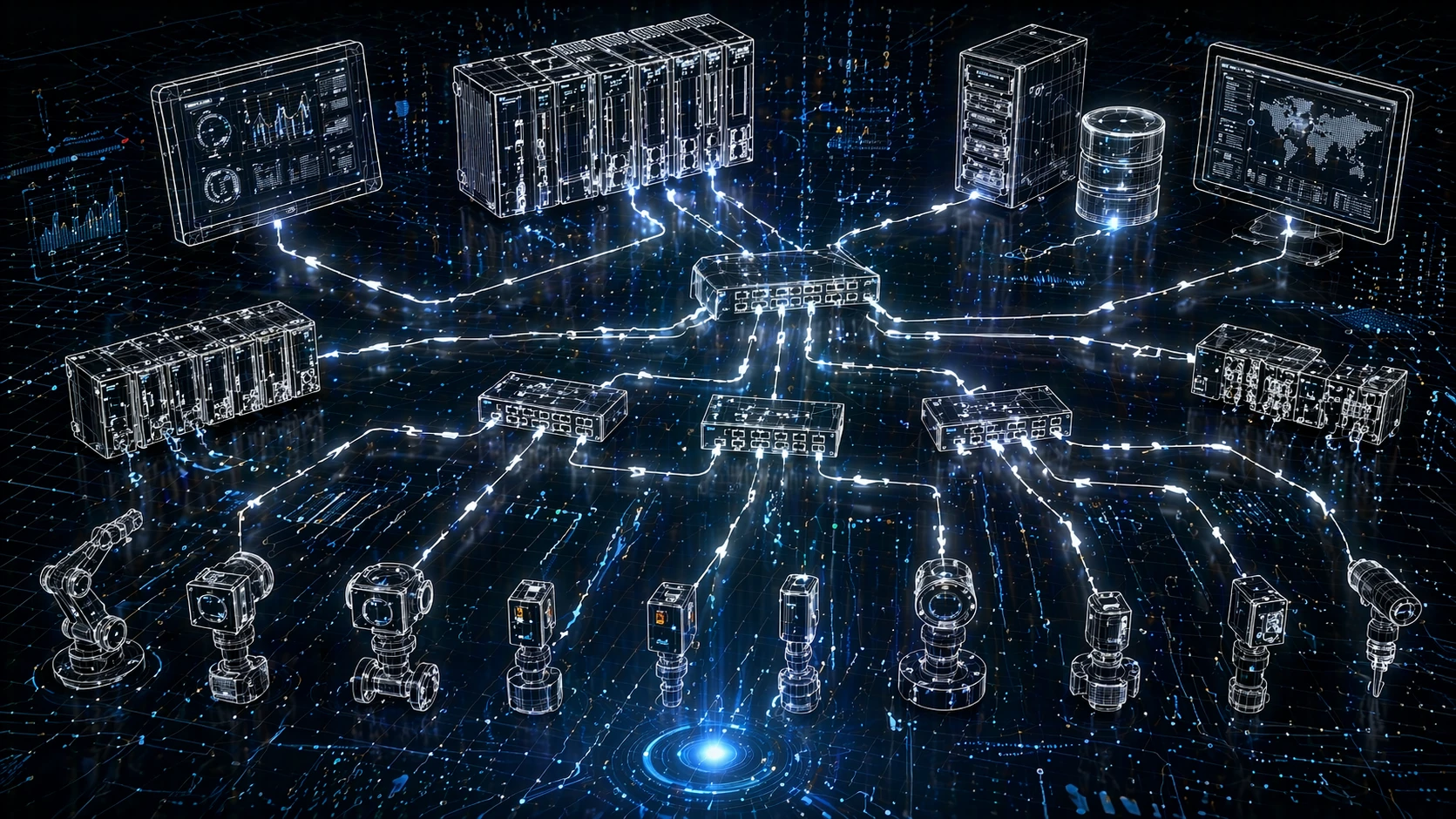 Diagram showing a Modbus TCP client reading coils, discrete inputs, input registers, and holding registers from multiple industrial devices