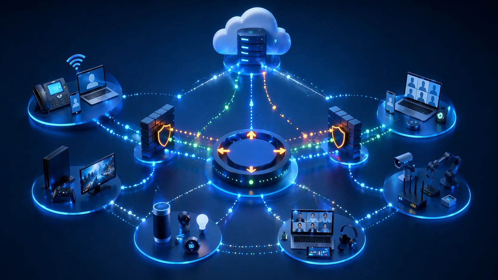 Illustration showing NAT traversal used in VoIP, WebRTC meetings, online gaming, and remote edge device communication