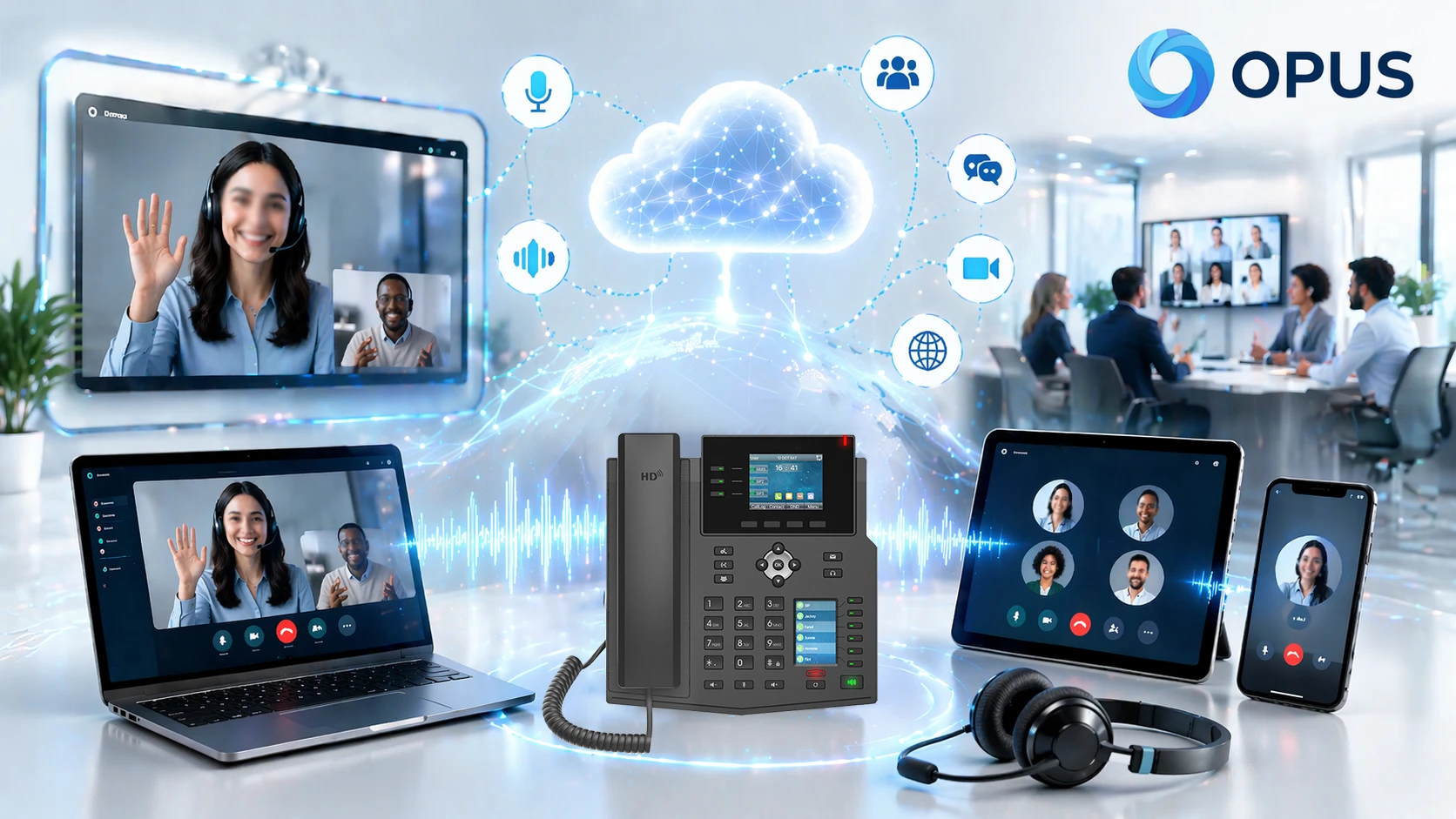 Comparison scene showing clearer voice communication and richer conference audio quality when Opus is used in a modern IP collaboration environment Comparison scene showing clearer voice communication and richer conference audio quality when Opus is used in a modern IP collaboration environment