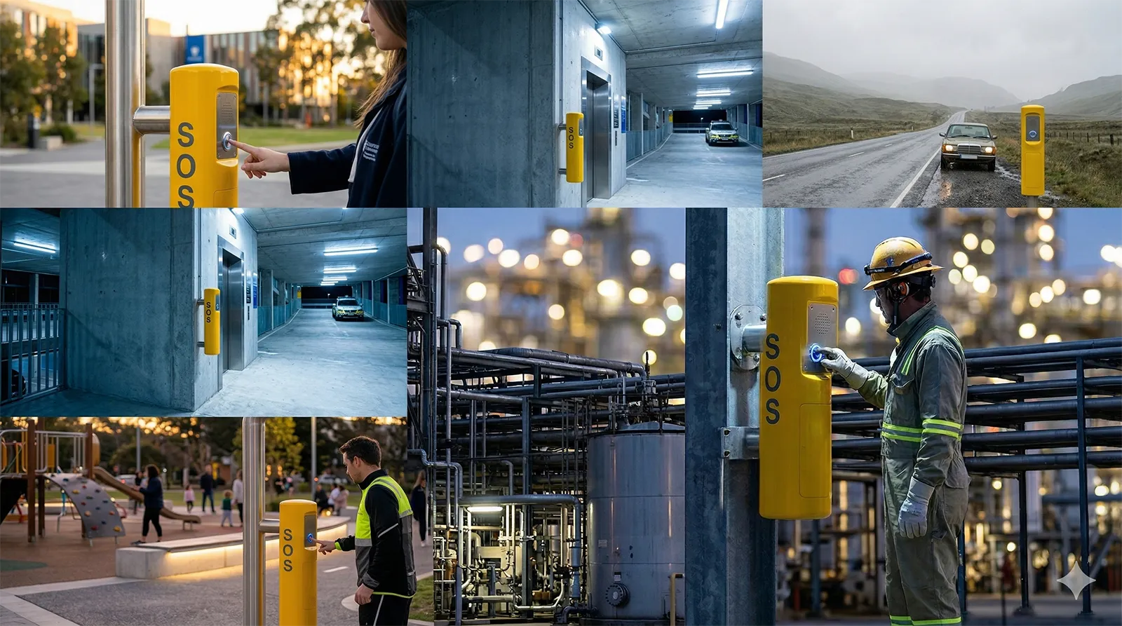 SOS intercom applications across campus, parking area, roadside help point, public space, and industrial facility environments