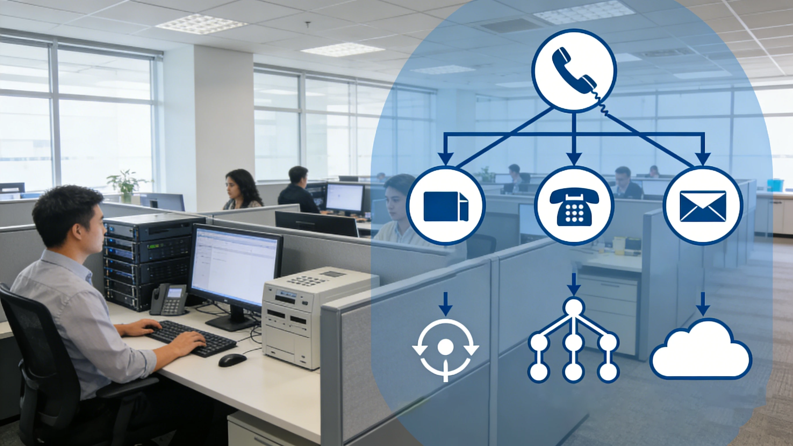 Business PBX routing inbound and outbound calls through SIP trunk, PSTN gateway, auto attendant, and department extensions
