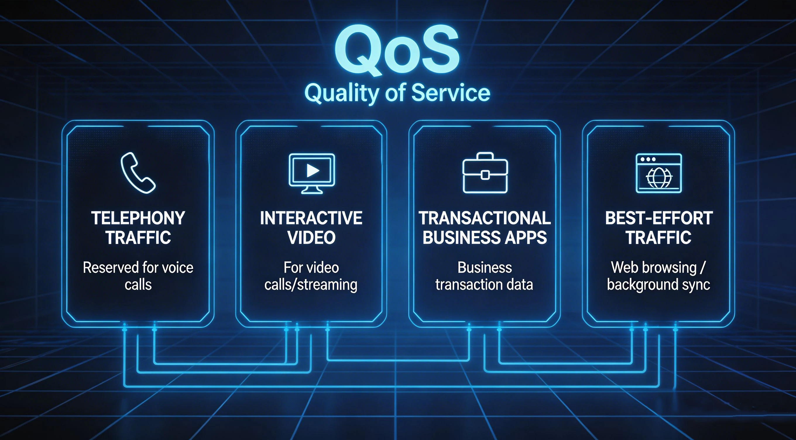 Network diagram showing prioritized voice, video, intercom, and industrial control traffic compared with best-effort background data