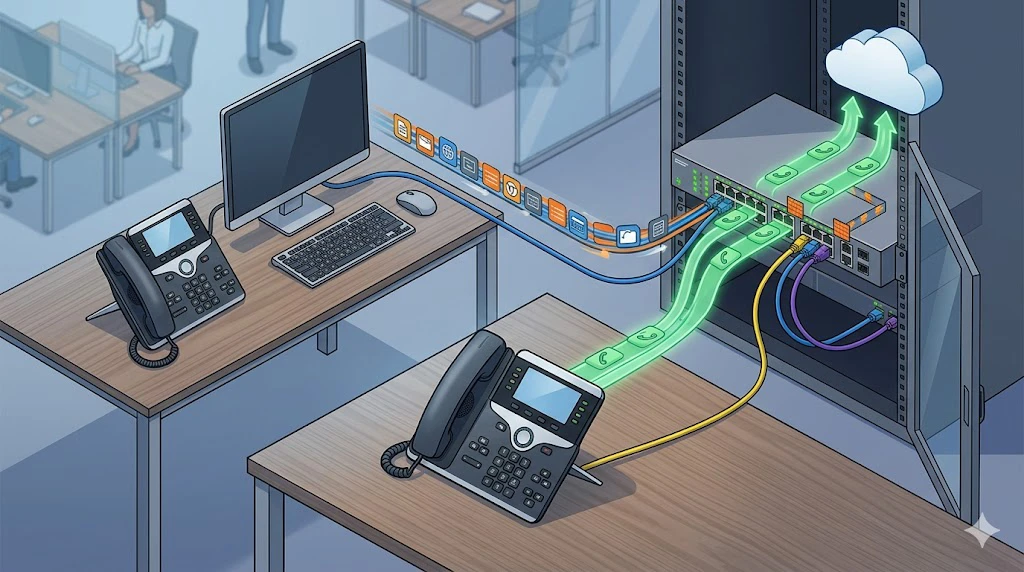 Enterprise switch port with an IP phone and PC connected, showing a trust boundary where the switch trusts voice markings from the phone but applies different QoS handling to workstation traffic Enterprise switch port with an IP phone and PC connected, showing a trust boundary where the switch trusts voice markings from the phone but applies different QoS handling to workstation traffic