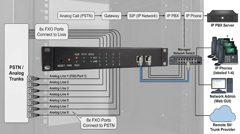IPGA-80 FXO Gateway front view for analog trunk and SIP network integration