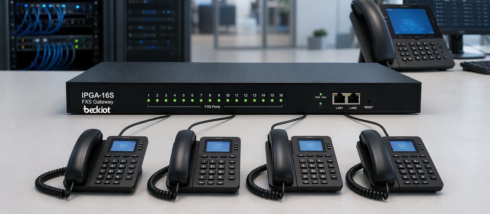 IPGA-16S FXS Gateway connected with analog phones and IP PBX platform