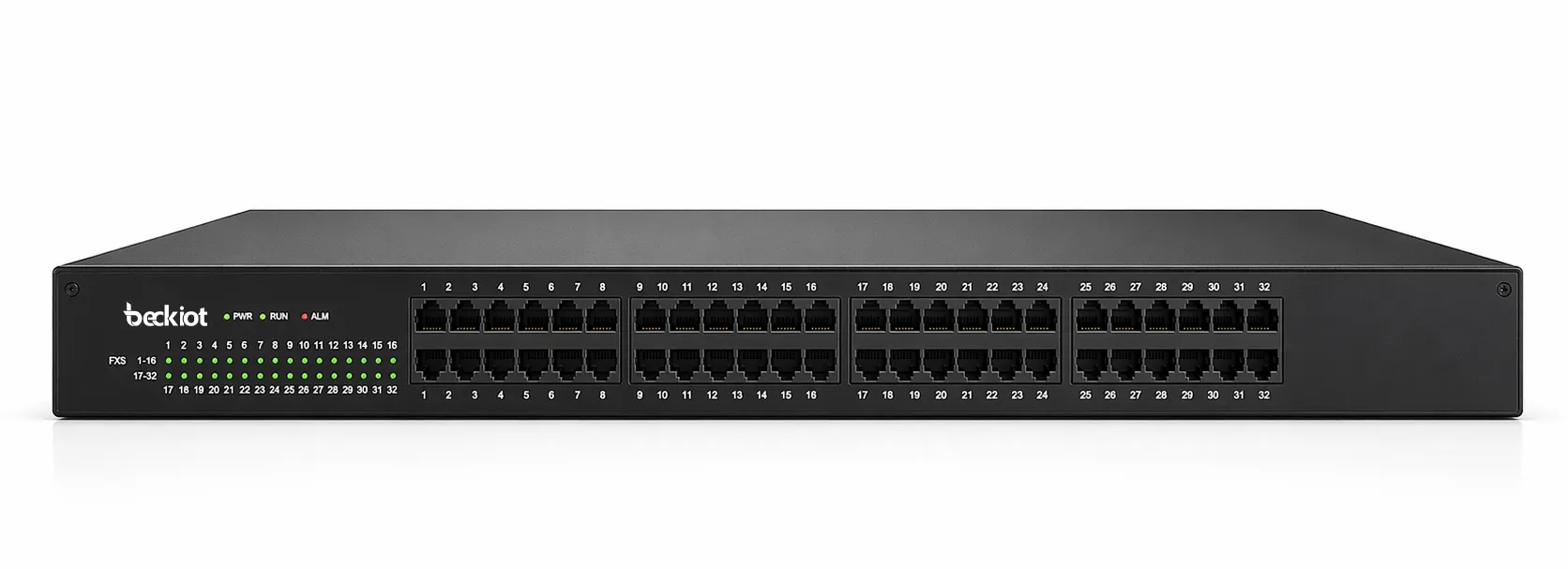 Front view of IPGA-32S FXS Gateway in a rack-mounted analog gateway deployment