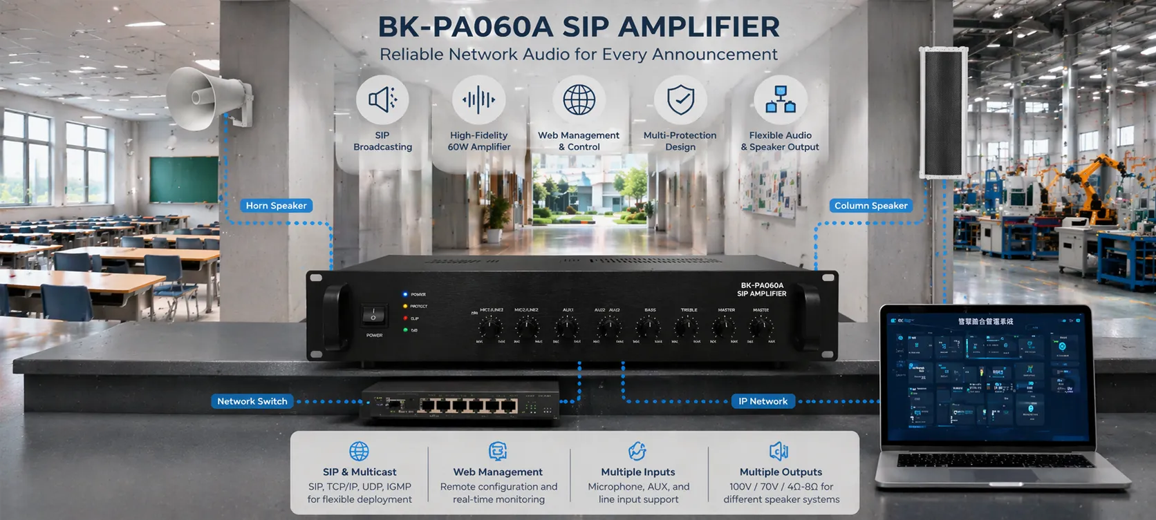 BK-PA060A SIP Amplifier deployed in a campus, factory, or commercial public address system