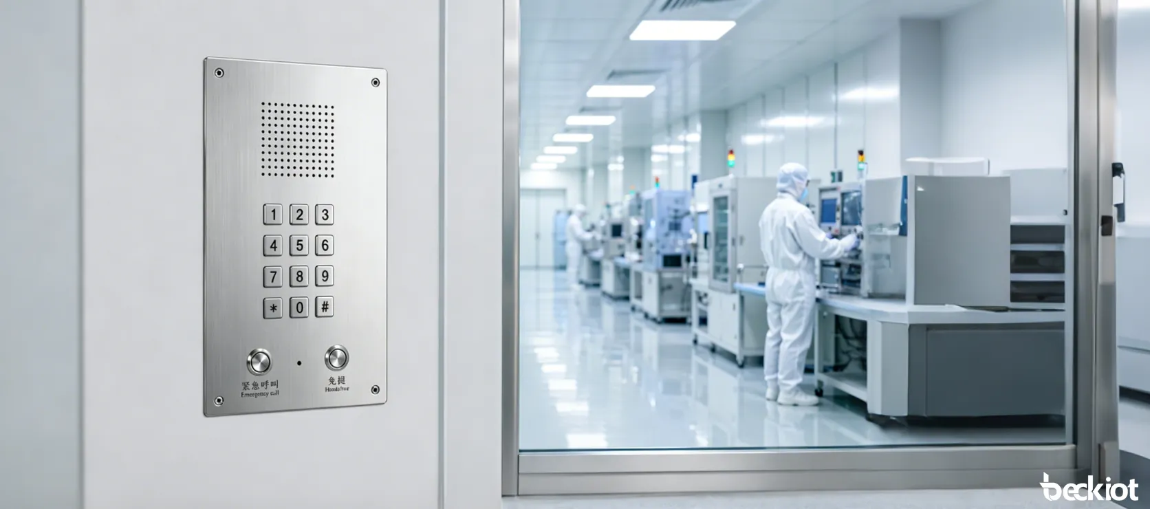 Front view of BT26 Cleanroom IP Handsfree Telephone with stainless steel panel and flush-mounted design